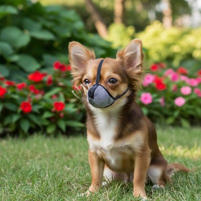 Petit chien avec muselière maille respirante entouré de fleurs roses