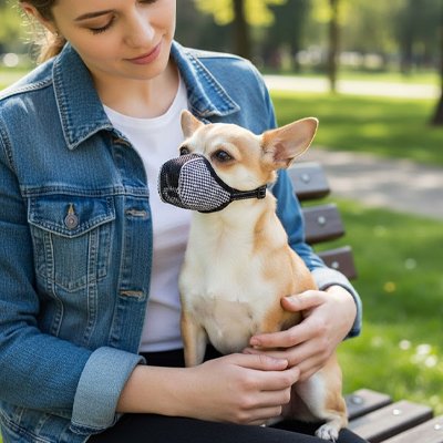 Femme tenant un petit chien avec muselière petit chien en extérieur