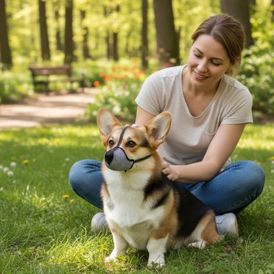 Femme accroupie avec petit chien portant une muselière ajustable dans un jardin fleuri