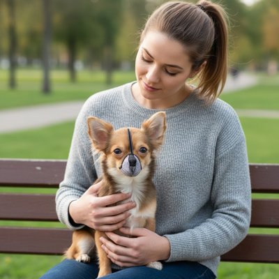 Petit chien avec muselière ajustable assis sur un banc de parc