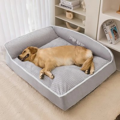 Panier chien XXL velours côtelé gris avec Golden Retriever