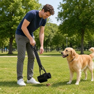 Homme utilisant la pelle ramasse-crotte hygiénique avec un golden retriever dans le jardin