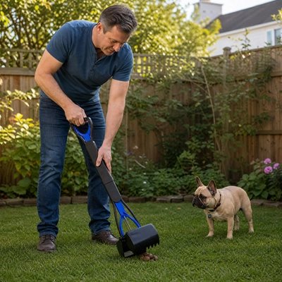 Pelle ramasse-crotte hygiénique à long manche bleue utilisée dans un jardin avec un bouledogue
