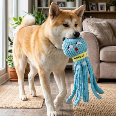 Chien berger avec jouet pieuvre bleue anti-ennui