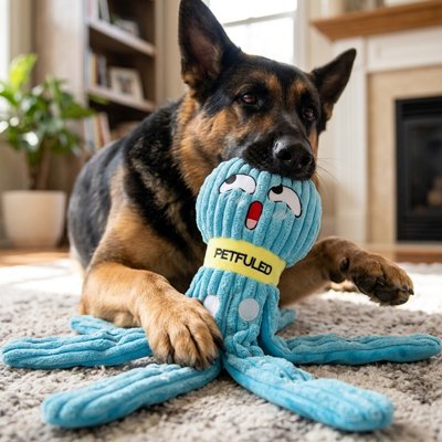 Berger allemand jouant avec la peluche chien pieuvre de reniflage bleue