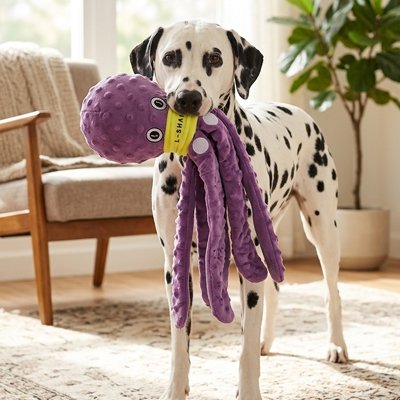 Dalmatien tenant la peluche chien pieuvre violette dans la gueule