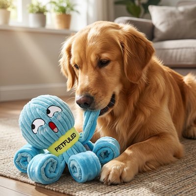 Golden Retriever couché avec la peluche chien pieuvre bleue