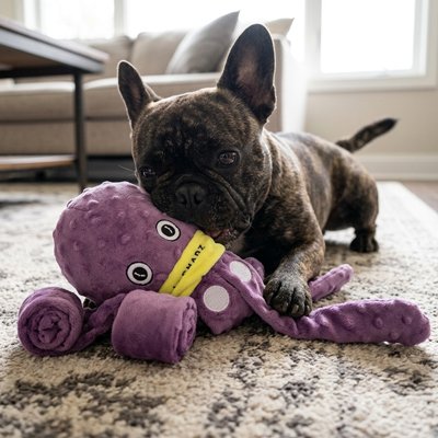 Bouledogue français jouant avec la peluche chien pieuvre de reniflage