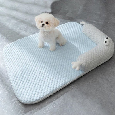 petit chien blanc assis sur son Coussin chien