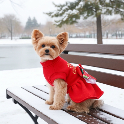 Petit chien sur un banc porte pull de Noël chien Merry Christmas