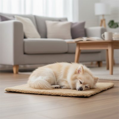 Petit chien beige dort sur tapis chien