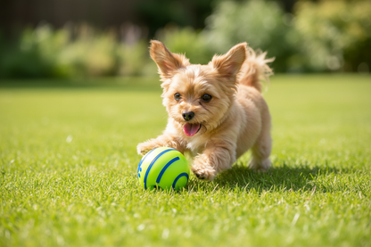 Balle pour chien – chien jouant à l'extérieur sur l'herbe avec la balle giggle verte