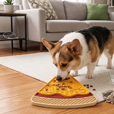 Petit chien mange sur Tapis de lechage Chien 