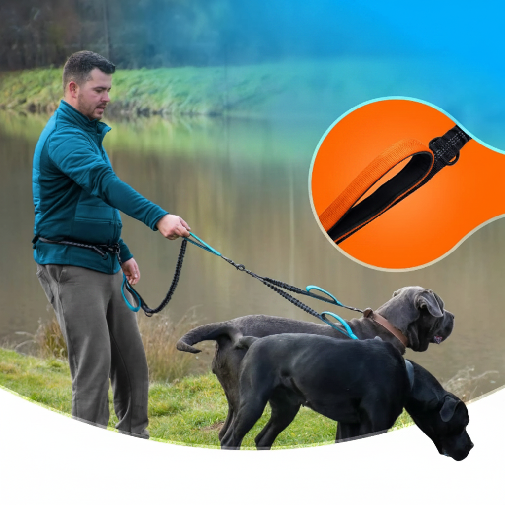 Un homme en veste teal tenant la laisse avec deux chiens noirs au bord d'un lac, et un zoom orange sur la poignée rembourrée.