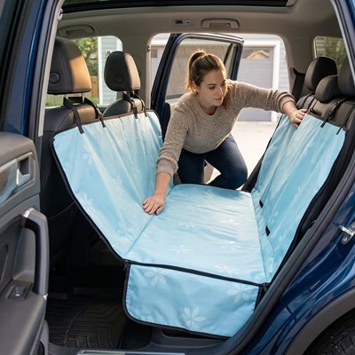 Protection voiture pour chien – installation housse de siège bleue imperméable sur banquette arrière