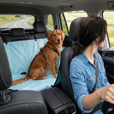 Protection voiture pour chien – chien installé confortablement sur housse de siège bleue
