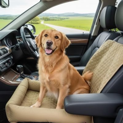 Chien golden retriever sur housse protection siège voiture – confort et sécurité