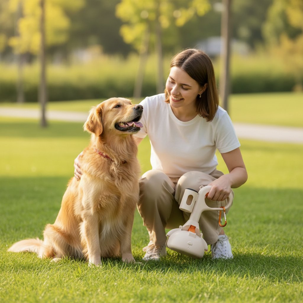 Ramasse crottes pour chien – femme accroupie avec son Golden Retriever dans un parc