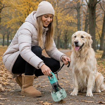 Ramasse crottes pour chien Pick&Go – femme utilisant le ramasse-crottes avec son Golden Retriever en extérieur
