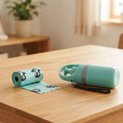Ramasse crottes pour chien Pick&Go – distributeur de sacs et rouleau de sacs verts à motifs pattes posés sur une table