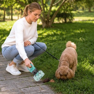 Ramasse crottes pour chien Pick&Go – femme promenant son chien en laisse et tenant le distributeur de sacs