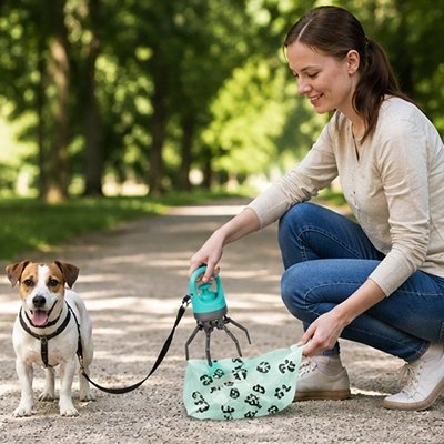 Ramasse crottes pour chien Pick&Go – femme ramassant les déjections de son Jack Russell en laisse dans un parc
