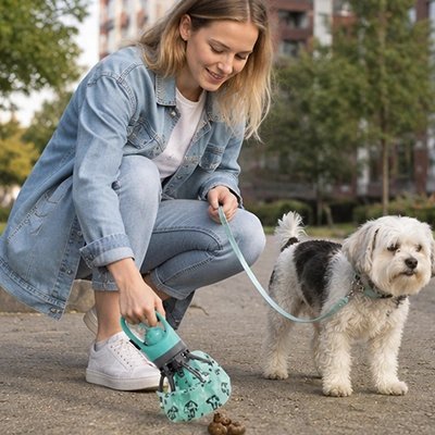 Ramasse crottes pour chien Pick&Go – gros plan sur l'utilisation du ramasse-crottes lors d'une promenade