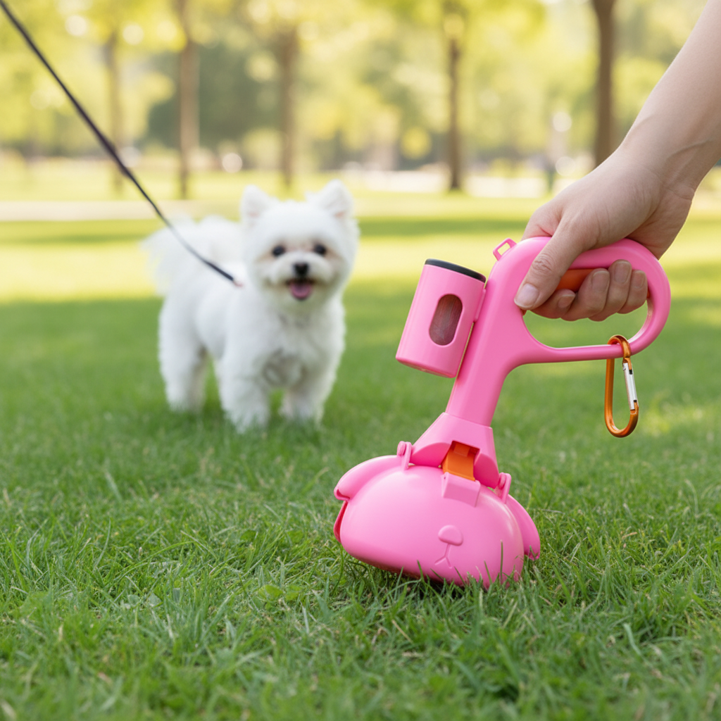 Ramasse crottes pour chien – utilisation en extérieur sur l'herbe avec chien blanc en laisse