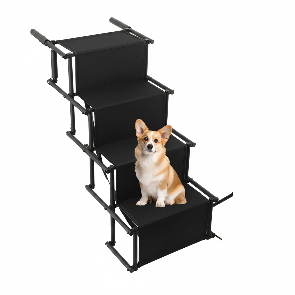 Rampe escalier pour chien – corgi assis sur une marche