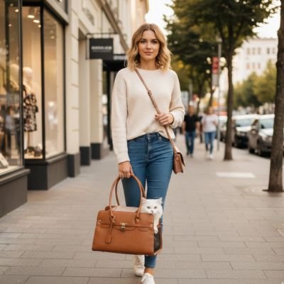 Jeune fille trottoir avec son chat dans son sac de transport chat