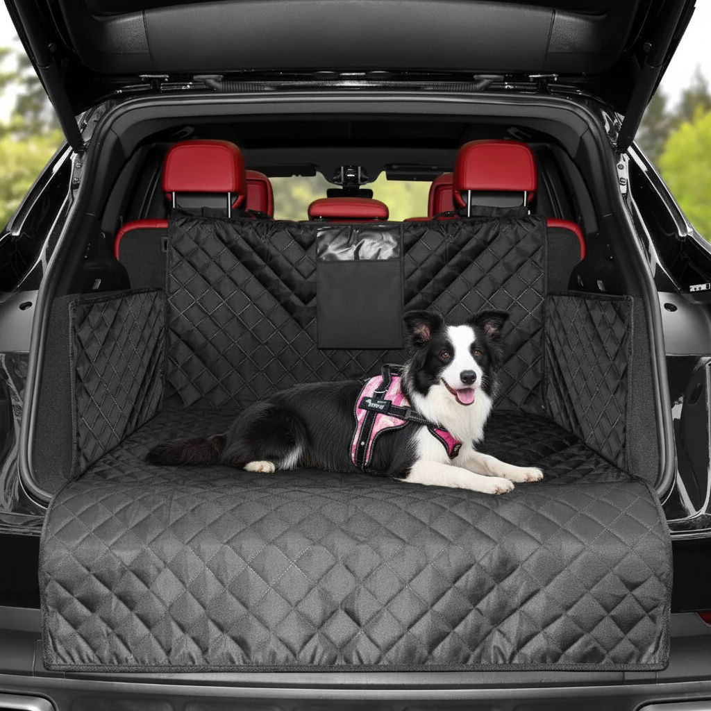 Housse de protection chien voiture – Border Collie couché dans le coffre d'un SUV noir sur tapis matelassé noir imperméable, intérieur rouge

