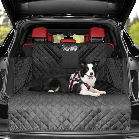 Housse de protection chien voiture – Border Collie couché dans le coffre d'un SUV noir sur tapis matelassé noir imperméable, intérieur rouge

