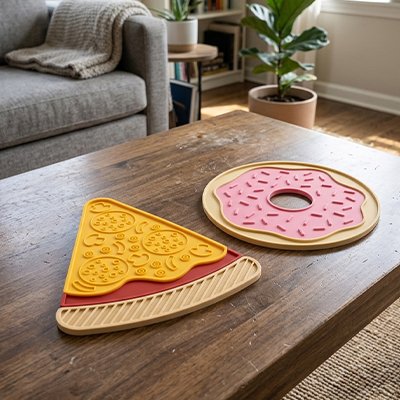 Tapis de lechage Chien forme de pizza et beigne