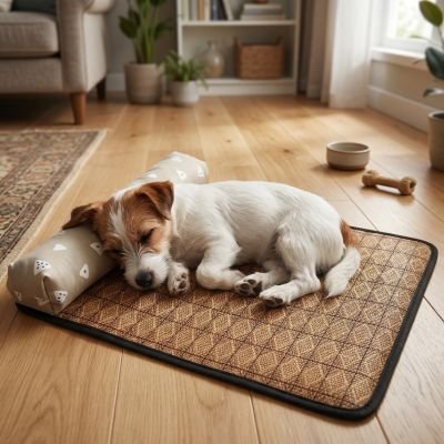 chien dort sur son Tapis fraicheur Chien brun au salon