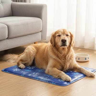 Golden sur son Tapis rafraîchissant Chien une gamelle à ses côté