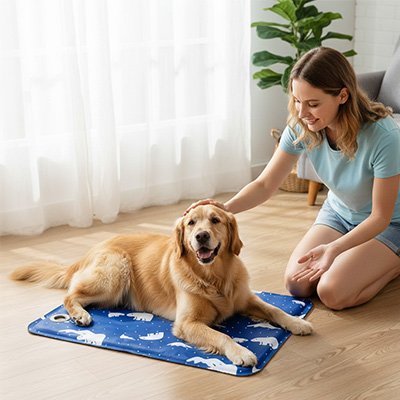 Femme installant le tapis rafraîchissant chien ArcticPaws™ pour son golden retriever