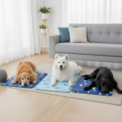 Trois chiens allongés sur tapis rafraîchissant chien ArcticPaws™ dans un salon