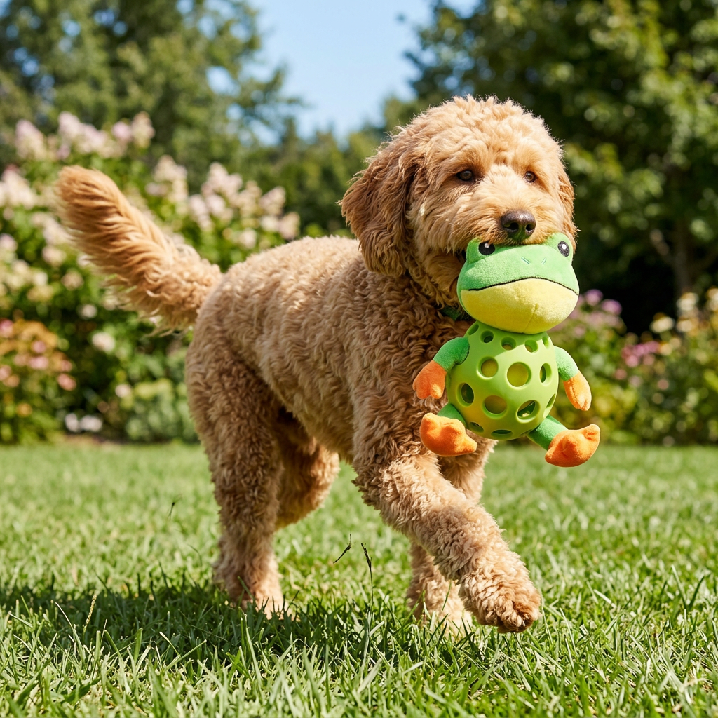 Un chien jouant à l'extérieur avec la grenouille en peluche
