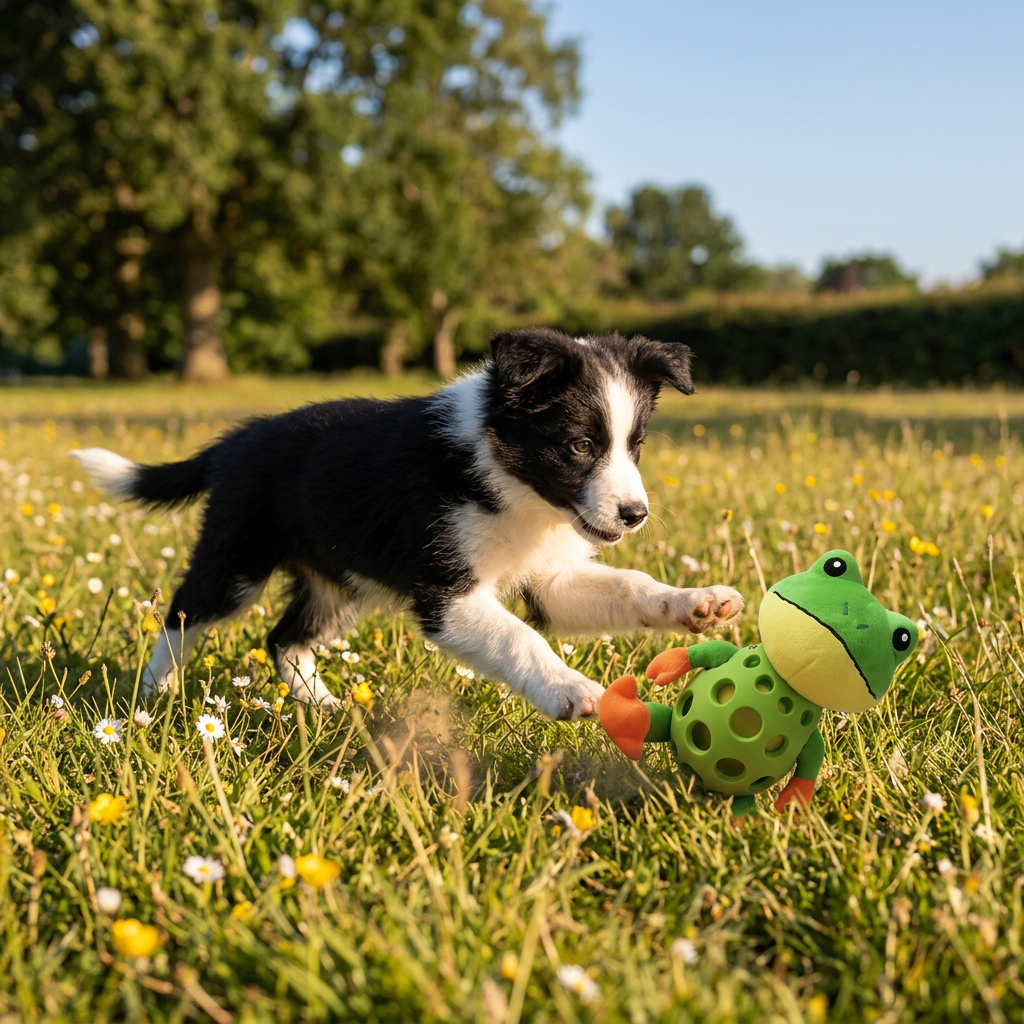 Un chiot jouant avec la grenouille en peluche dans une prairie
