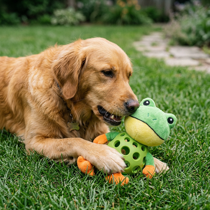 Un golden retriever jouant avec la grenouille en peluche sur la pelouse