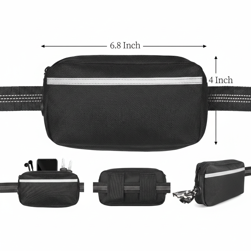 Laisse bungee chien avec pochette zippée amovible dimensions 6,8 x 4 pouces rangement téléphone, clés et sacs